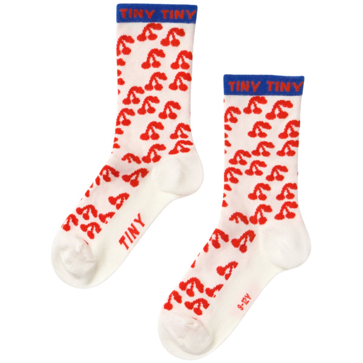 The Cherries Medium Socks from Tiny Cottons. Pair of socks with red cherries pattern.