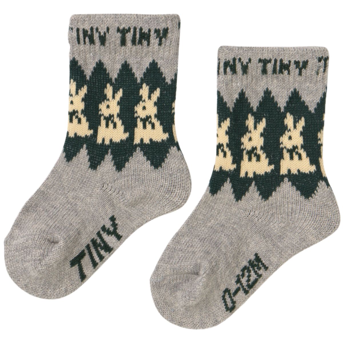 The Rabbits Wool Medium Socks from Tiny Cottons. Pair of gray socks with bunny pattern and 'Tiny' text.