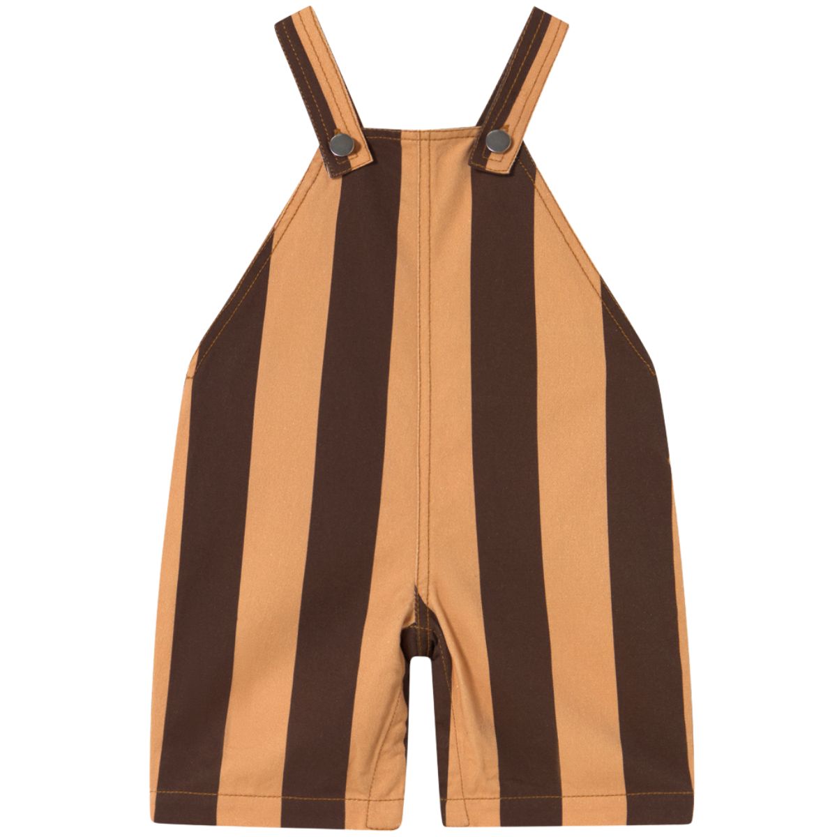 The Retro Stripes Baby Dungaree from Tiny Cottons. Striped overalls with brown and beige pattern on a white background.