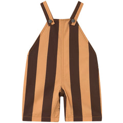 The Retro Stripes Baby Dungaree from Tiny Cottons. Striped overalls with brown and beige pattern on a white background.