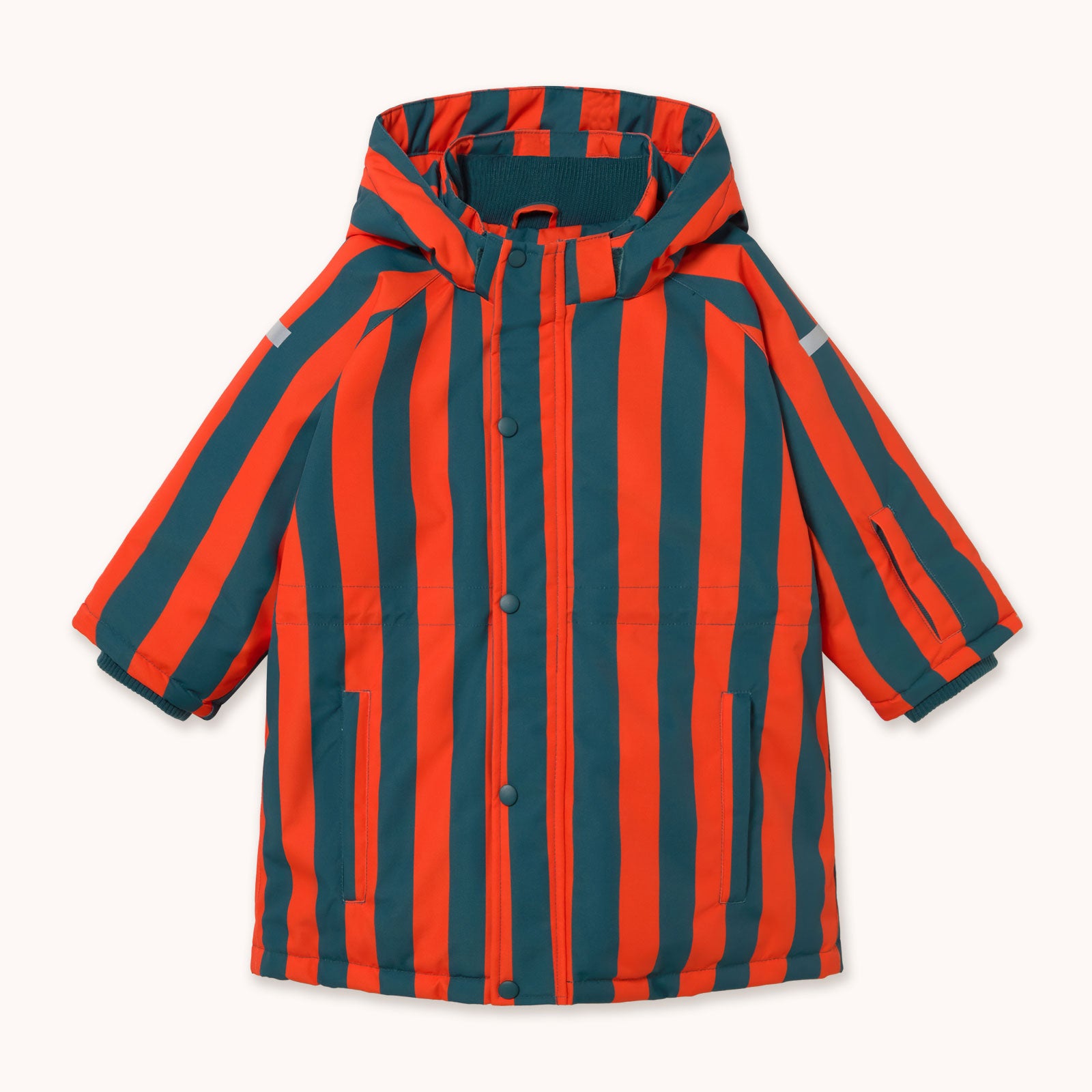 A hooded children's snow jacket by designer tiny Cottons, with bold vertical stripes in bright orange-red and dark teal, shown flat against a light cream background.