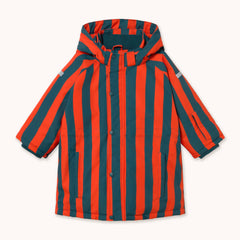 A hooded children's snow jacket by designer tiny Cottons, with bold vertical stripes in bright orange-red and dark teal, shown flat against a light cream background.