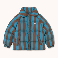 A puffer jacket by designer Tiny Cottons with bold vertical brown and teal-blue stripes, featuring a button-up front, a soft collar, and zippered hand pockets, shown flat on a light cream background.