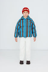 Blue-Cacao Stripes Short Padded Jacket - Dark Cyan