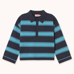 A children's long-sleeve knit polo shirt with horizontal stripes in dark navy and turquoise blue, by designer Tiny Cottons, featuring a two-button placket and a collar with a visible 'TINY' brand label.