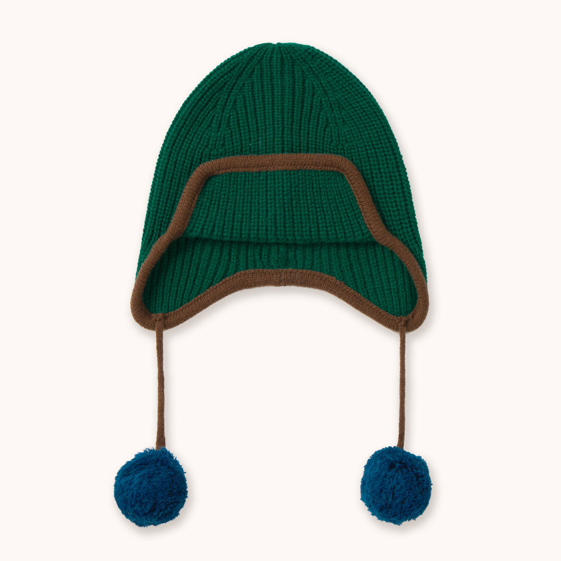 Earflap dark green wool beanie with dark blue pompoms by designer Tiny Cottons