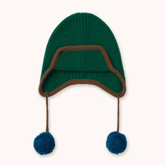 Earflap dark green wool beanie with dark blue pompoms by designer Tiny Cottons