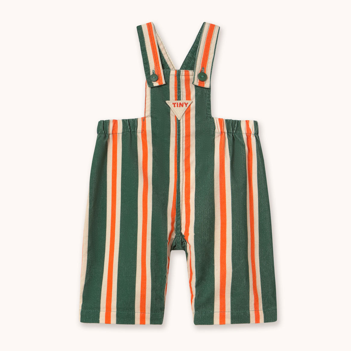 A baby's short overall romper by designer Tiny Cottons with vertical stripes in forest green, orange, and cream, featuring an adjustable bib strap and a small triangular brand patch on the chest.