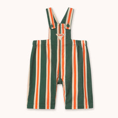 A baby's short overall romper by designer Tiny Cottons with vertical stripes in forest green, orange, and cream, featuring an adjustable bib strap and a small triangular brand patch on the chest.