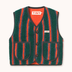 A green sherpa fleece vest with vertical orange and dark green stripes by designer Tiny Cottons, featuring a bright orange inner lining, dark green trim, and two front patch pockets. The brand name 'TINY' is visible on the inner neck label and left chest.