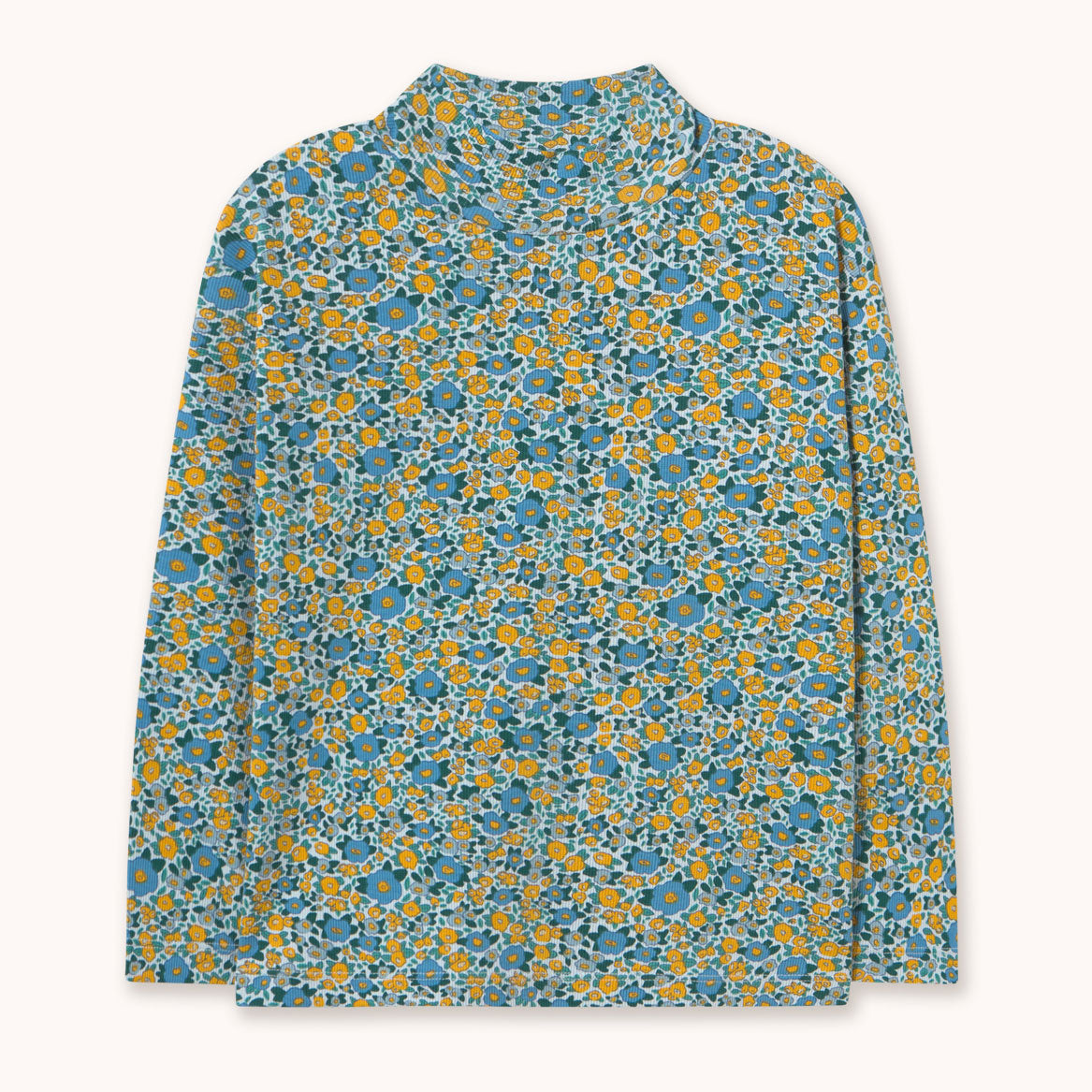 A long-sleeve mock neck shirt by designer Tiny Cottons with a dense abstract floral pattern in teal blue, mustard yellow, and white, displayed flat against a light cream background.
