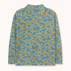 A long-sleeve mock neck shirt by designer Tiny Cottons with a dense abstract floral pattern in teal blue, mustard yellow, and white, displayed flat against a light cream background.