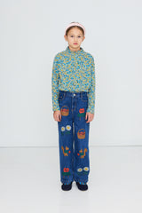 Flower Pattern Rib Mockneck - Washed Blue