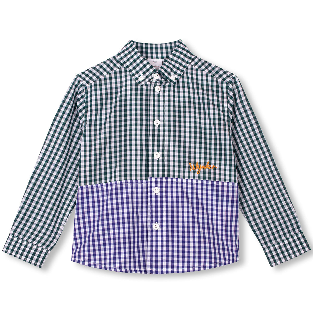 Wynken The Classic Shirt kids gingham patchwork cotton button-up with embroidered logo and long sleeves