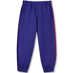 The Studio Pants from Wynken, cobalt blue jogger pants with contrast side stripes and elastic cuffs.