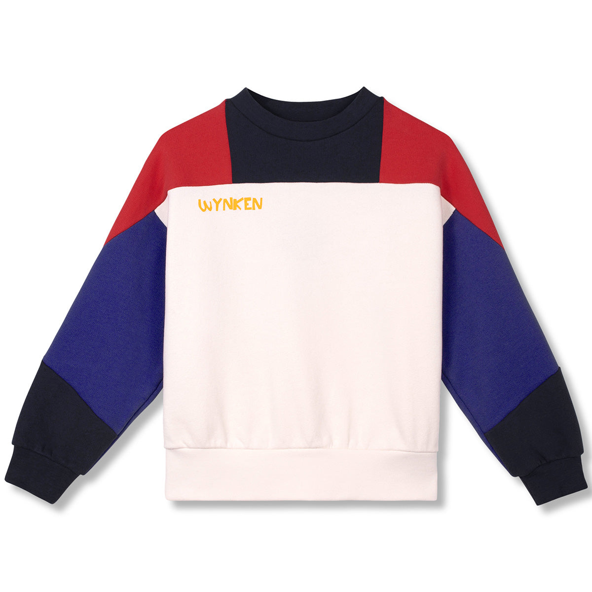 The Studio Sweater from Wynken, cream colour-block kids sweatshirt with navy, red and blue sleeves.