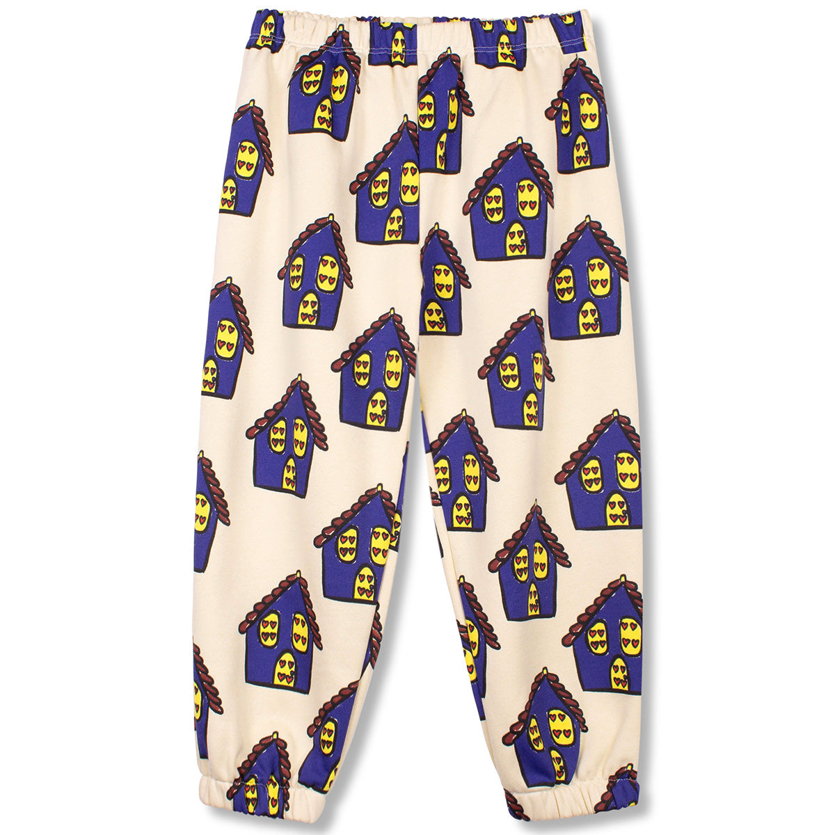 Haus Pants by Wynken, cream kids jogger pants with colorful house print, elastic waist and cuffed ankles