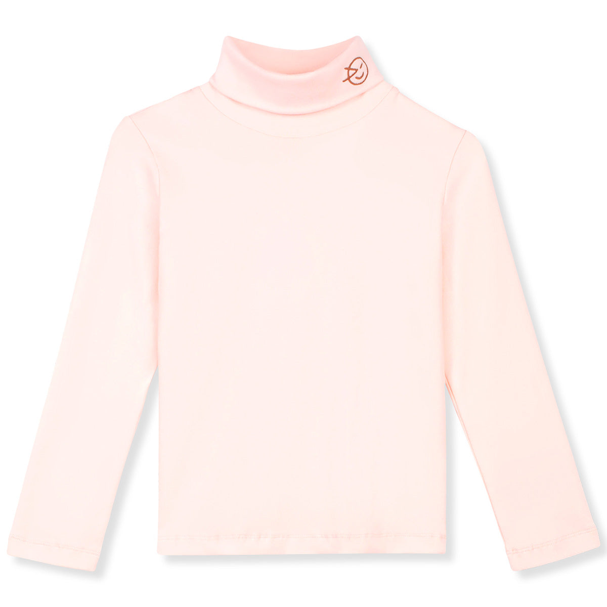 The Soft Roll Turtleneck from Wynken, soft pink long-sleeve turtleneck top with embroidered logo detail.