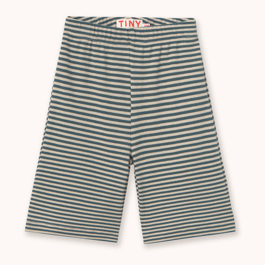 A pair of striped knit shorts by designer Tiny Cottons, featuring horizontal stripes in a muted teal green and cream.