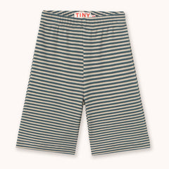A pair of striped knit shorts by designer Tiny Cottons, featuring horizontal stripes in a muted teal green and cream.