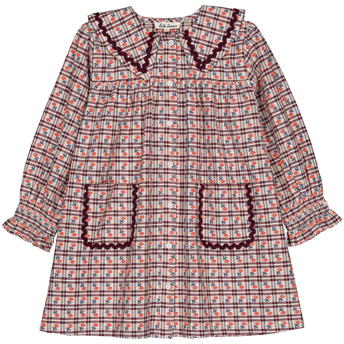Agatha Dress by Hello Simone in jacquard cotton with sailor collar, ric rac trim and patch pockets.