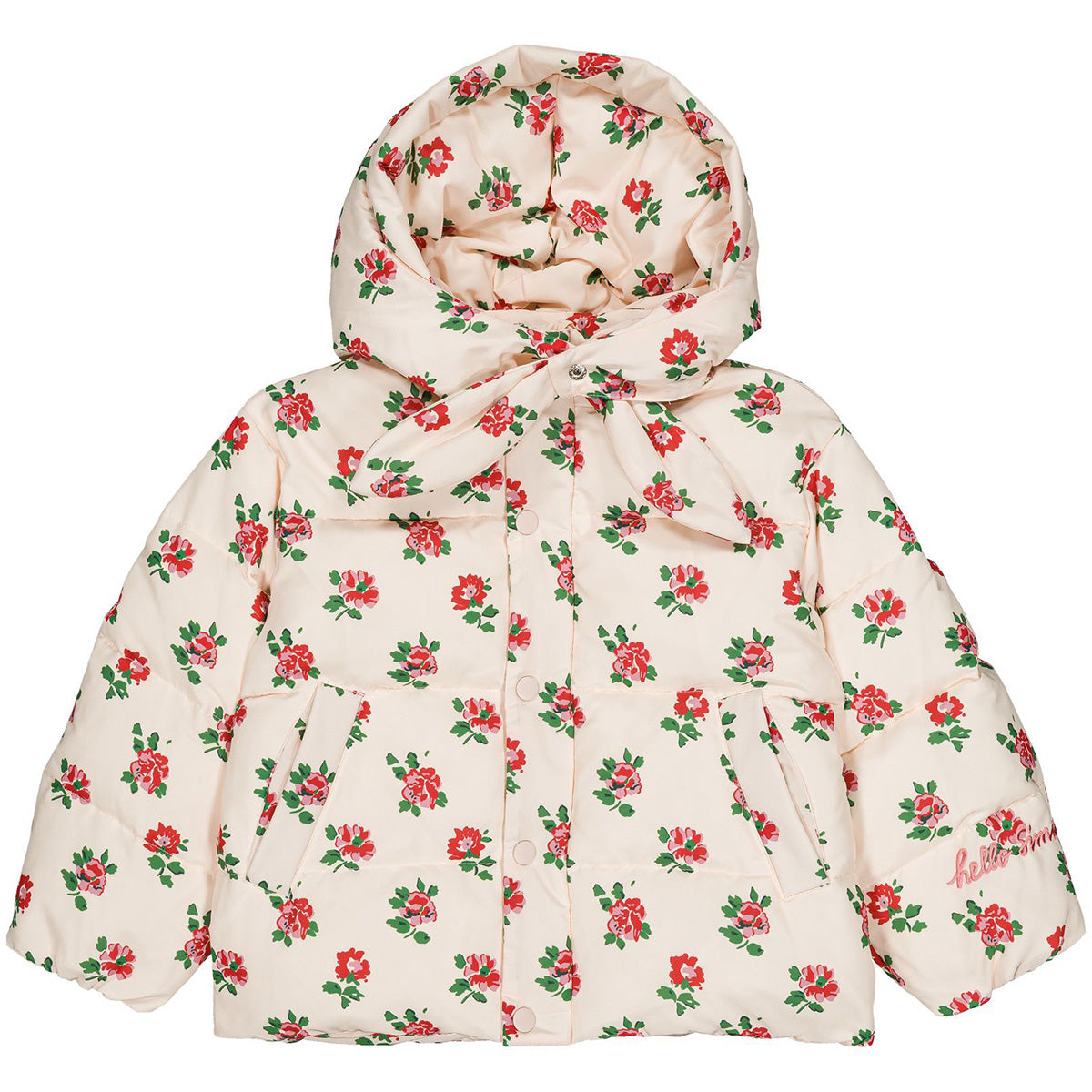 Alixa Puffed Jacket by Hello Simone with all-over print, removable hood and zip-and-snap closure.