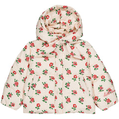 Alixa Puffed Jacket by Hello Simone with all-over print, removable hood and zip-and-snap closure.