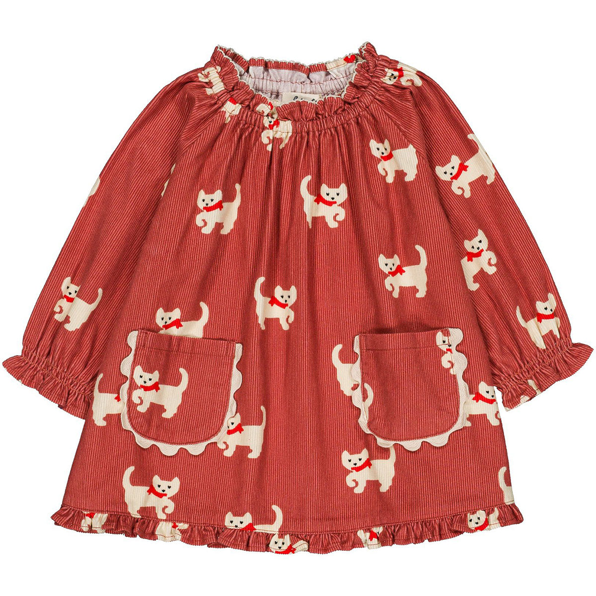Hello Simone The Alouette Baby Dress cat print corduroy with ruffled hem and patch pockets