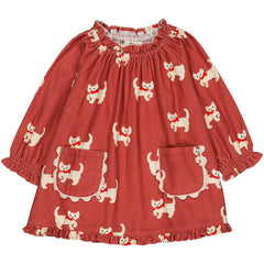 Hello Simone The Alouette Baby Dress cat print corduroy with ruffled hem and patch pockets
