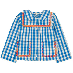 Hello Simone Ambra Jacket, blue gingham jacket with buttons, embroidered trim, collar and front patch pockets.
