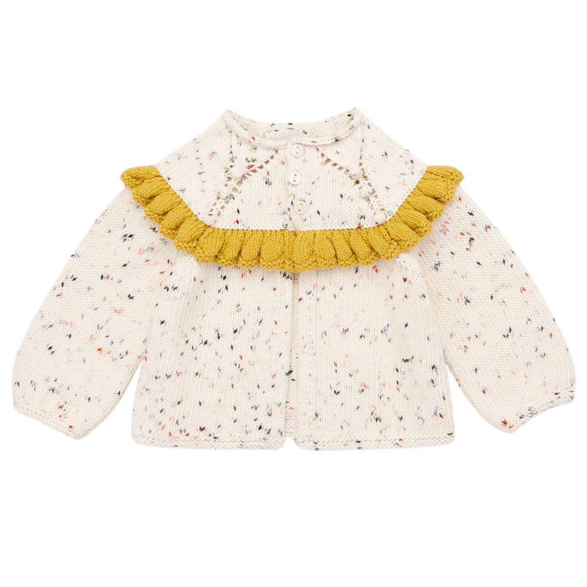 The Ruffle Cardigan from Misha & Puff. Knitted cardigan with multicolor specks and a delightful mustard ruffle accent