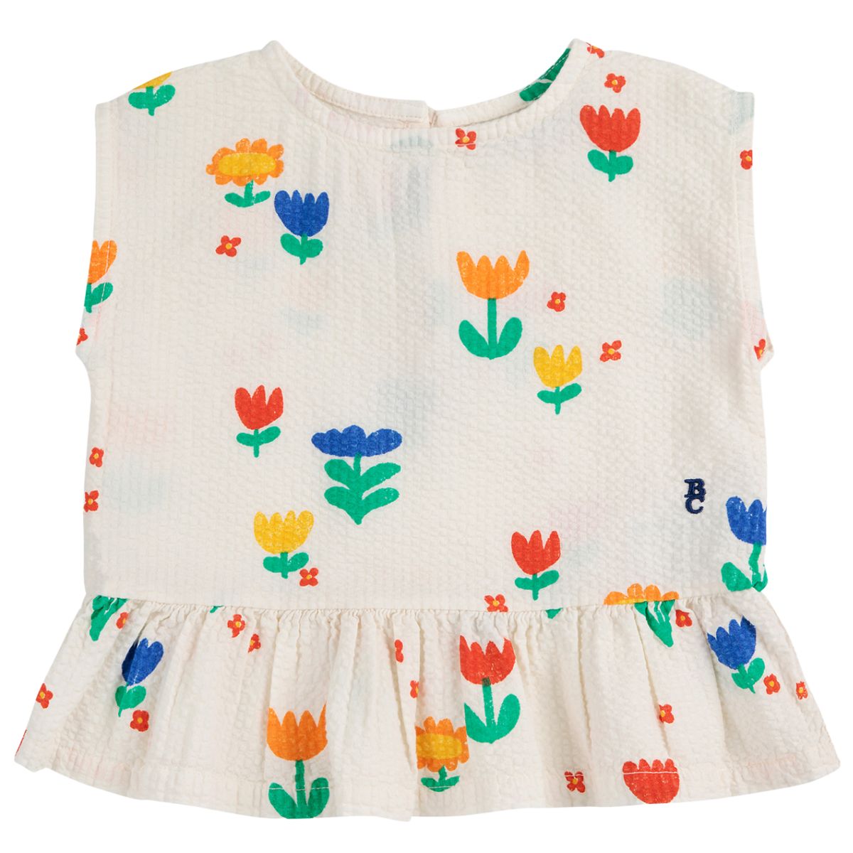 Garden Party All Over Woven Blouse by Bobo Choses. Multicolor sleeveless shirt with a round neck, back button fastening.