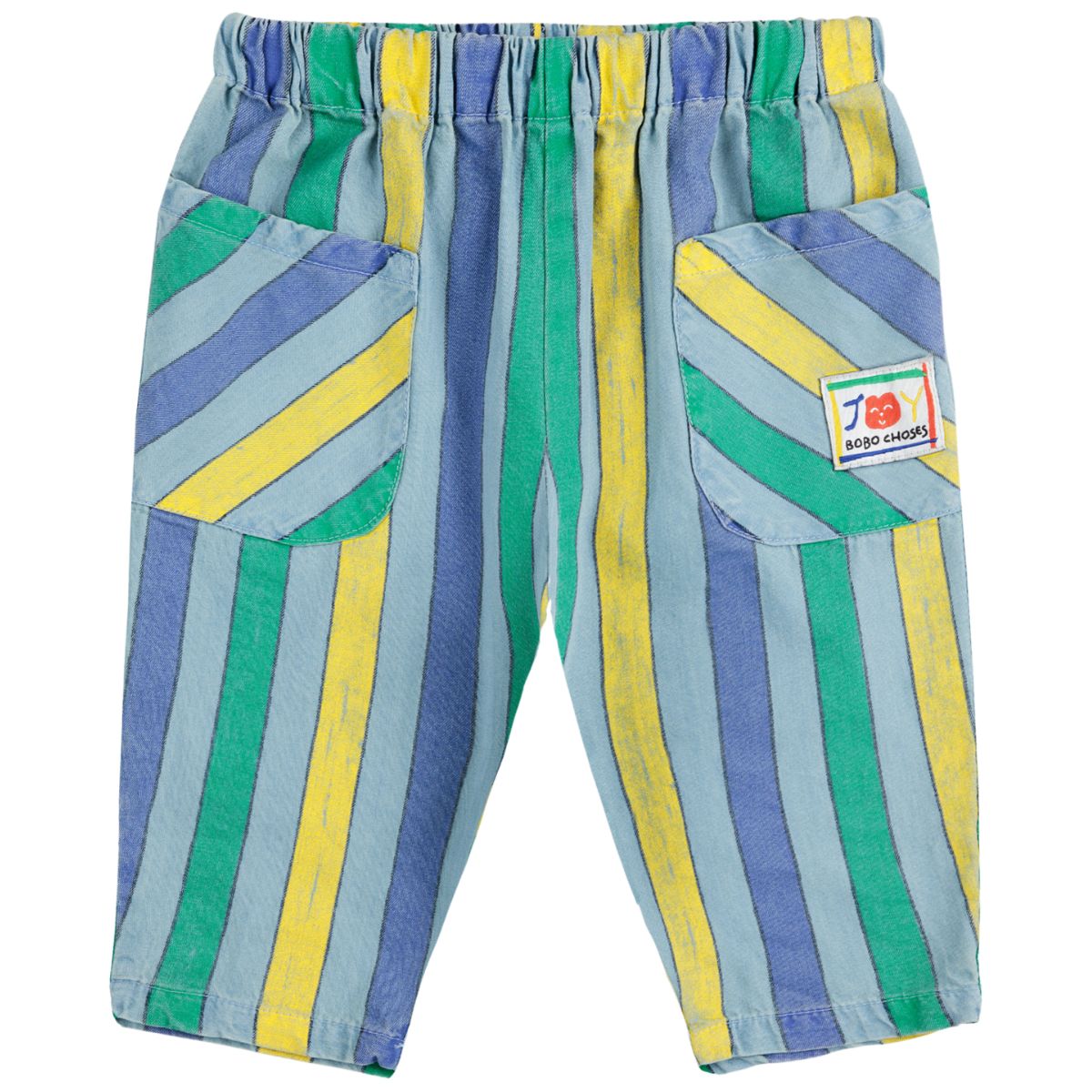 Multicolor Stripes Denim Pants from Bobo Choses feature an elasticated waistband, an adjustable drawstring, patch pockets.