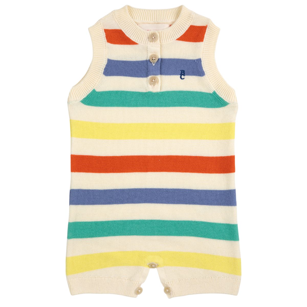 Multicolor Striped Knitted Playsuit by Bobo Choses features a sleeveless design, front button fastening, crotch snap fastening