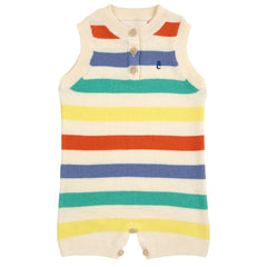 Multicolor Striped Knitted Playsuit by Bobo Choses features a sleeveless design, front button fastening, crotch snap fastening