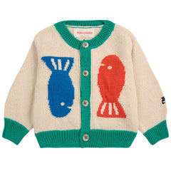 Lucky Fish Cardigan from Bobo Choses features long sleeves, a dropped shoulder, and a loose fit for effortless style.