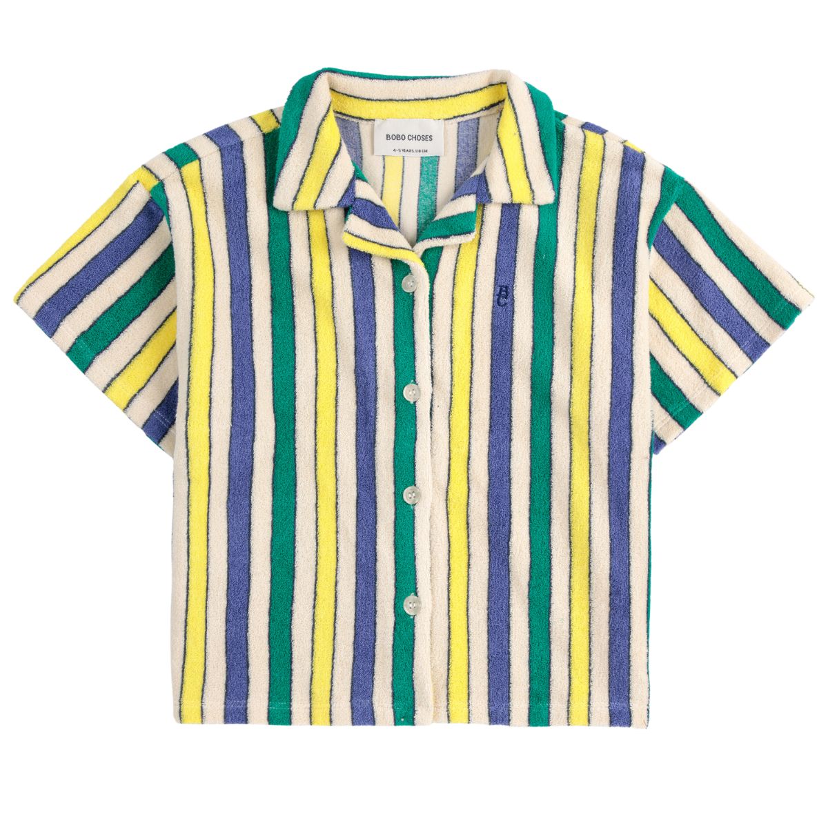 Multicolor Stripes Terry Cloth Shirt from Bobo Choses features a tailored collar, short sleeves, and a dropped shoulder.