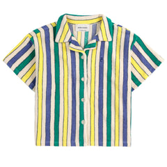 Multicolor Stripes Terry Cloth Shirt from Bobo Choses features a tailored collar, short sleeves, and a dropped shoulder.