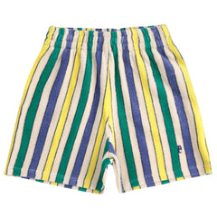 Multicolor Stripes Terry Cloth Bermuda Shorts from Bobo Choses. Regular crotch, elasticated waistband, embroidery.