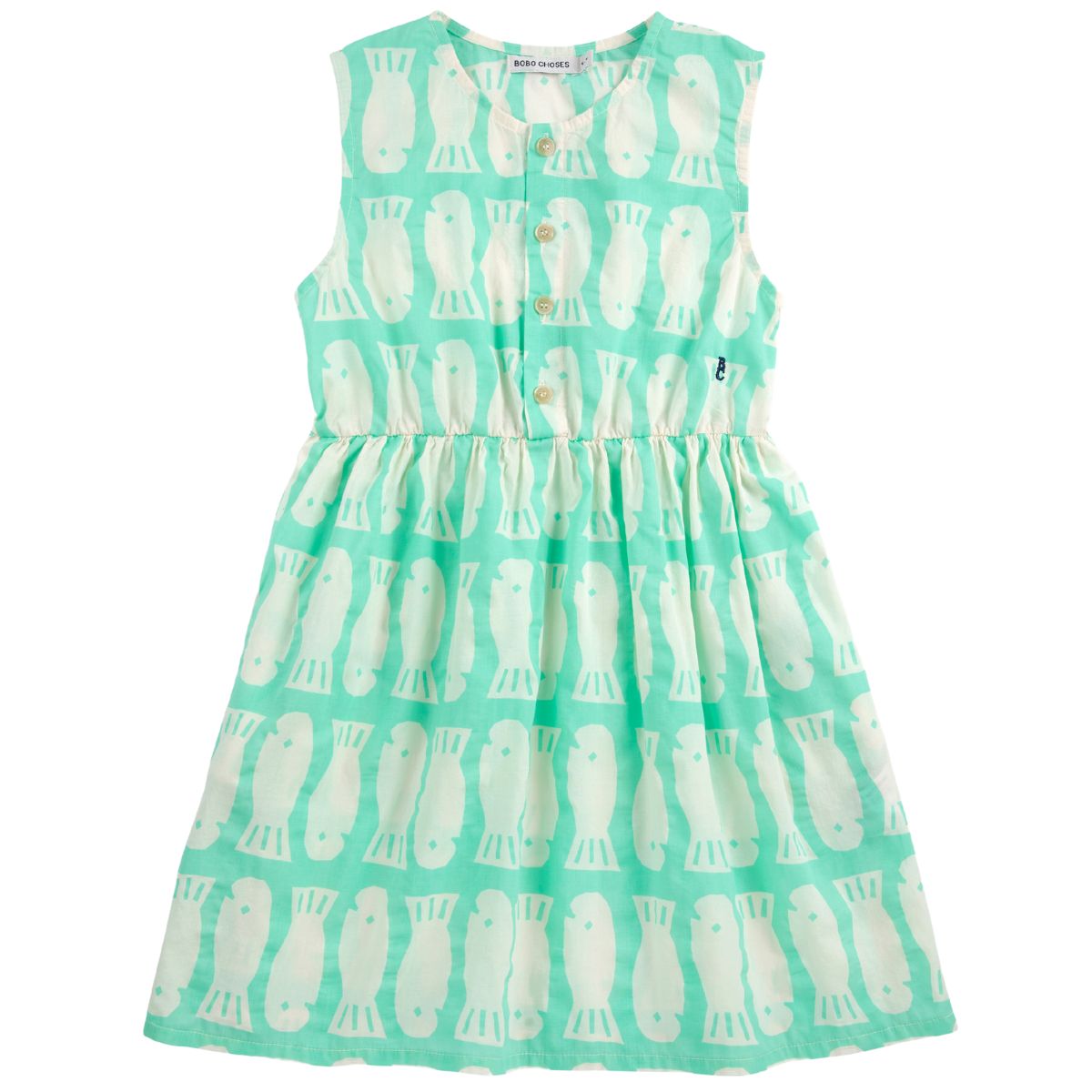Lucky Fish All Over Sleeveless Dress by Bobo Choses features a sleeveless design, front button fastening, gathering details.