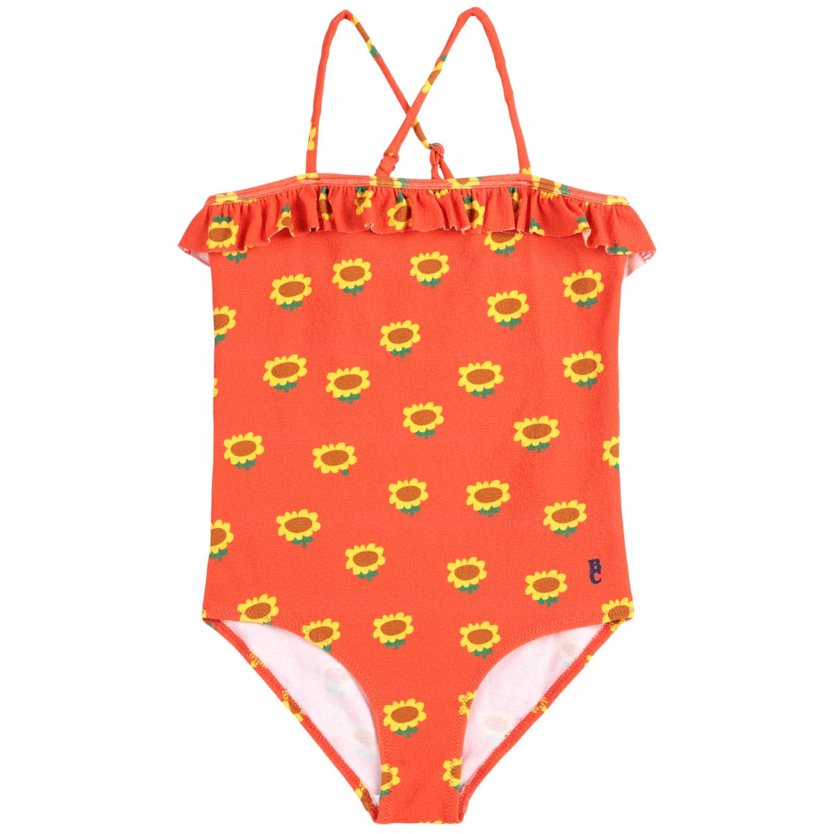 Sunflower All Over Swimsuit from Bobo Choses features adjustable straps, a slim fit, and delicate ruffled detailing.
