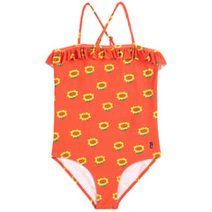 Sunflower All Over Swimsuit from Bobo Choses features adjustable straps, a slim fit, and delicate ruffled detailing.
