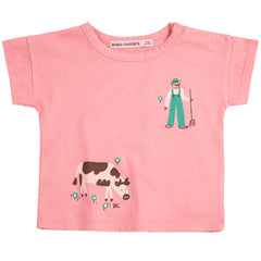 The Farm Adventure Tee from Bobo Choses. Pink t-shirt with farmer and cow design.