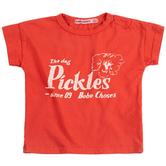 The Pickles The Dog Tee from Bobo Choses. Red t-shirt with white text and logo.