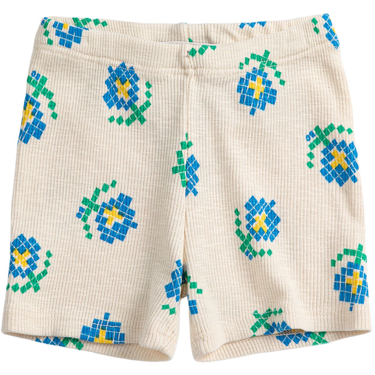 Pixel Flowers All Over Short Leggings by Bobo Choses in ribbed cream fabric with blue and green pixel floral print.