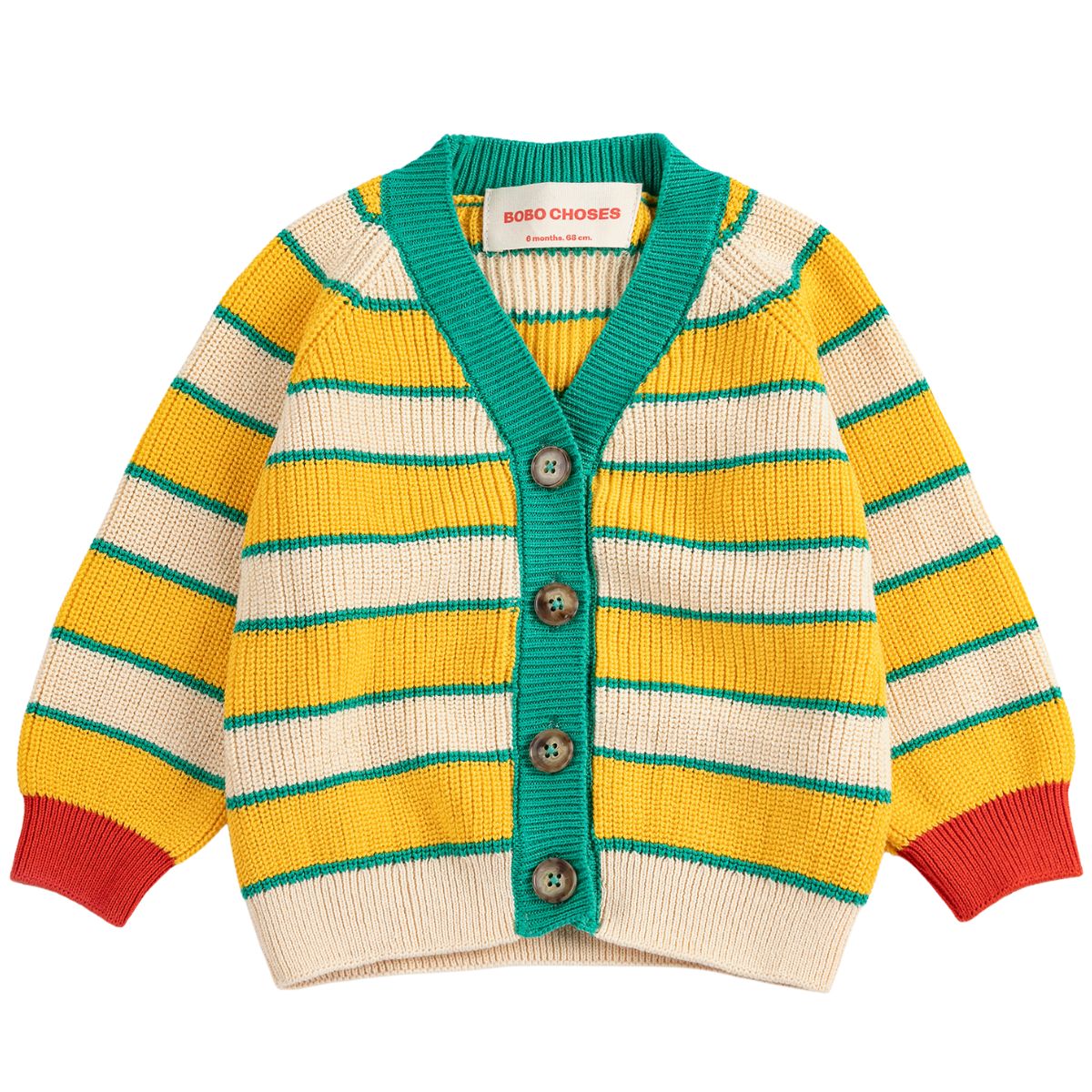 BC Striped Cardigan by Bobo Choses in yellow and cream knit with green trim, front buttons, and contrast cuffs.