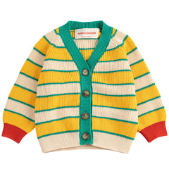 BC Striped Cardigan by Bobo Choses in yellow and cream knit with green trim, front buttons, and contrast cuffs.