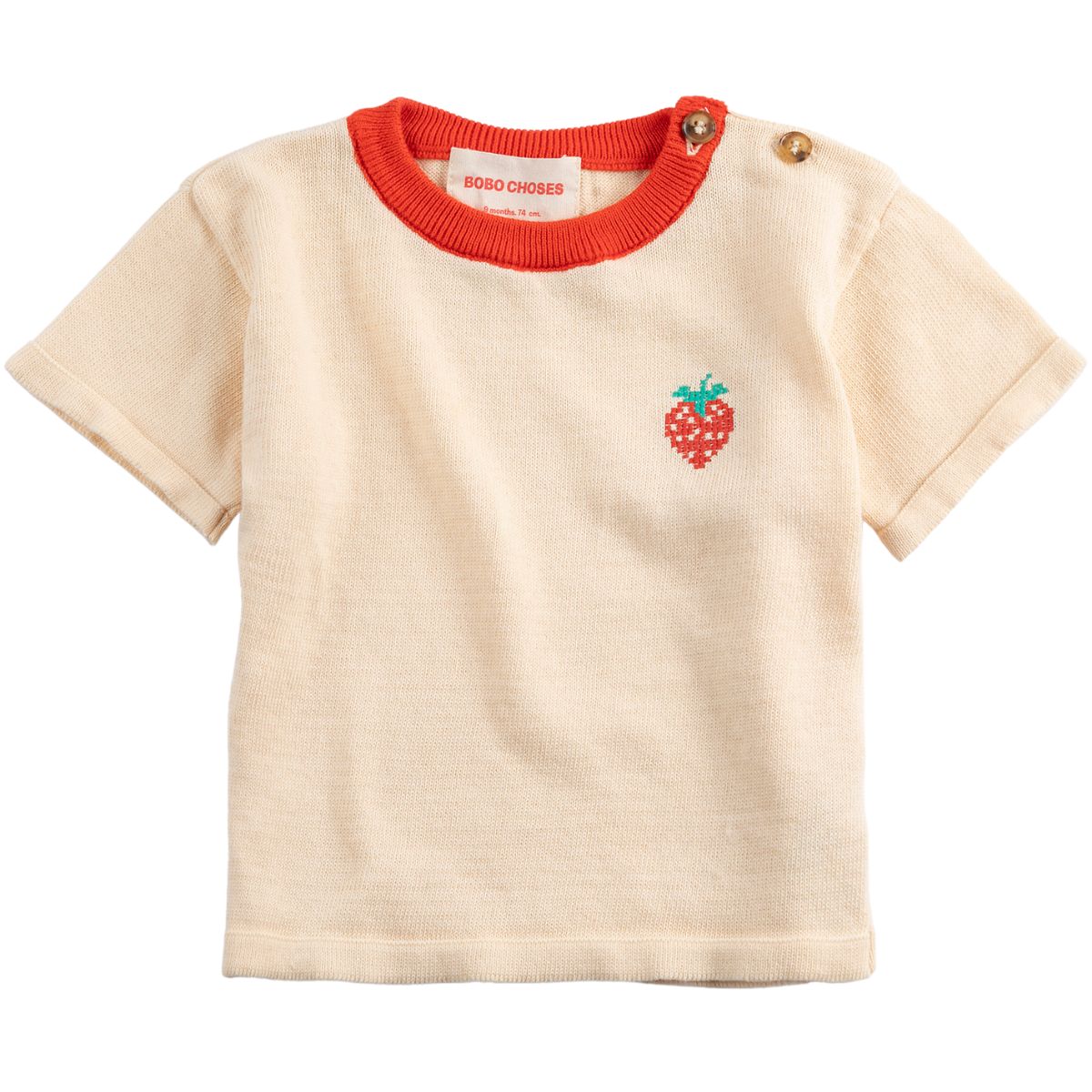 Pixel Strawberry Knitted Tee by Bobo Choses. White t-shirt with short sleeves, shoulder button fastening, fine knit.