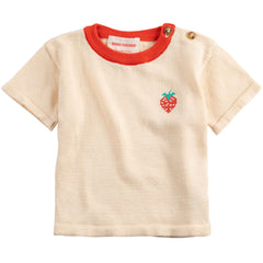 Pixel Strawberry Knitted Tee by Bobo Choses. White t-shirt with short sleeves, shoulder button fastening, fine knit.