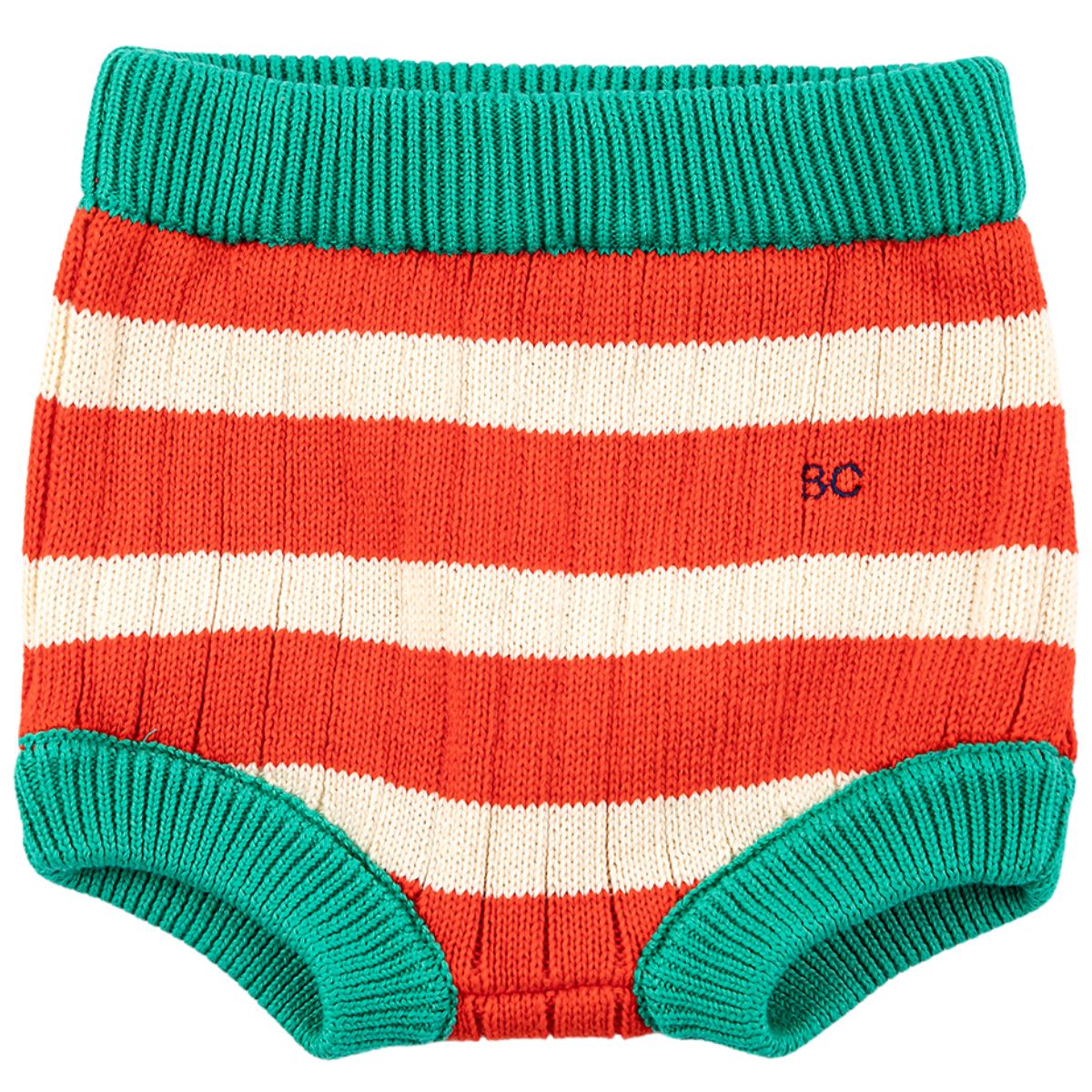 Striped Knitted Culotte by Bobo Choses. Red shorts. Designed with elasticated waistband, embroidery, texture knit.